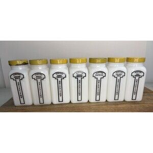 Griffith’s Milk Glass Spice Jars Lot Of 7 Yellow Lids